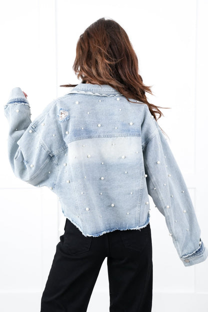 Distressed Light Denim Long Sleeve Button Down Jacket with Pearl Detail