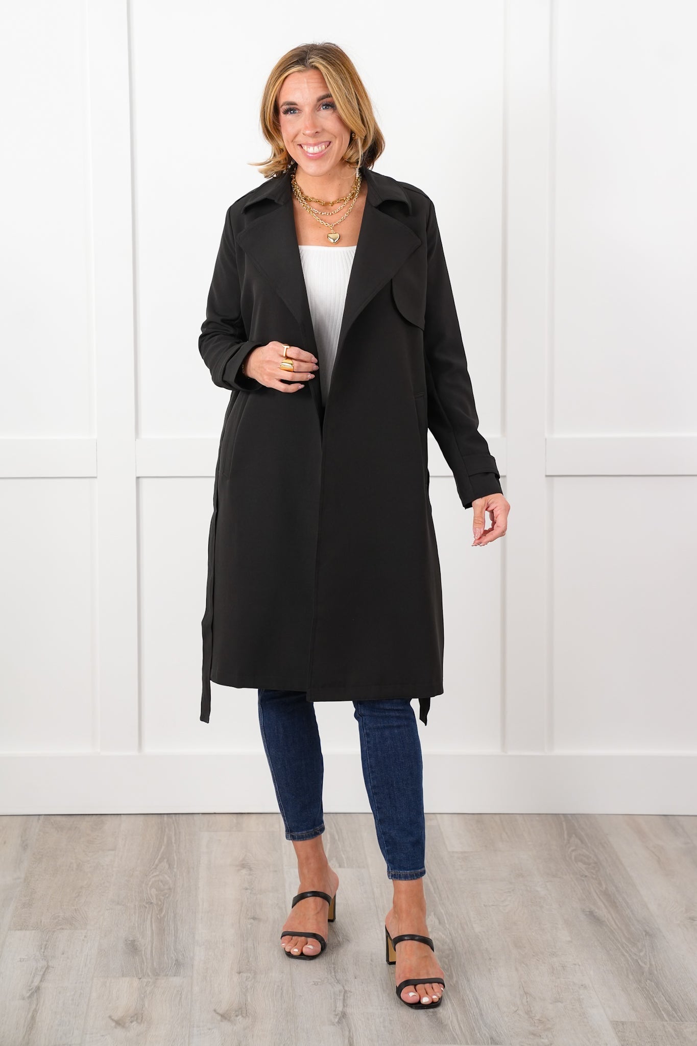 Long Sleeve Open Front Belted Trench Coat