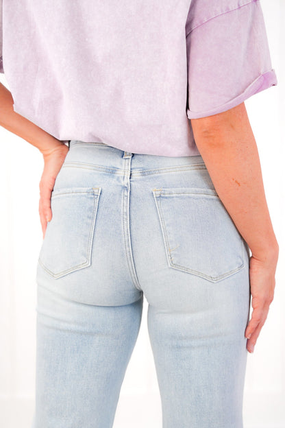 Risen High Rise Acid Wash Sequin Knee Patches Relaxed Straight Leg Jeans