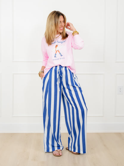 Stripe Elastic Waist Wide Leg Pants