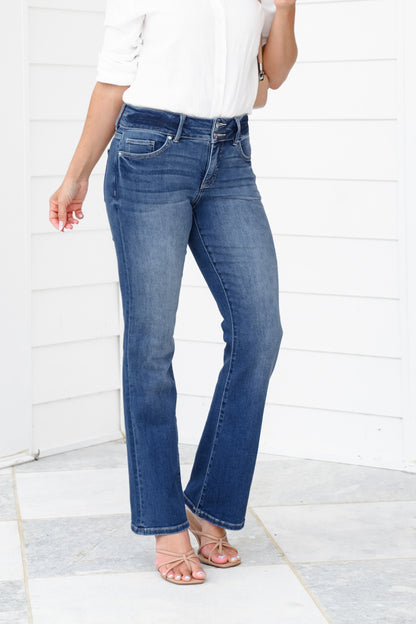 RFM Mid Rise Dark Wash Two Button Bootcut Jeans