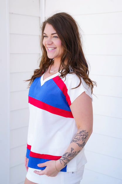 Color Block Short Sleeve V Neck French Terry Top
