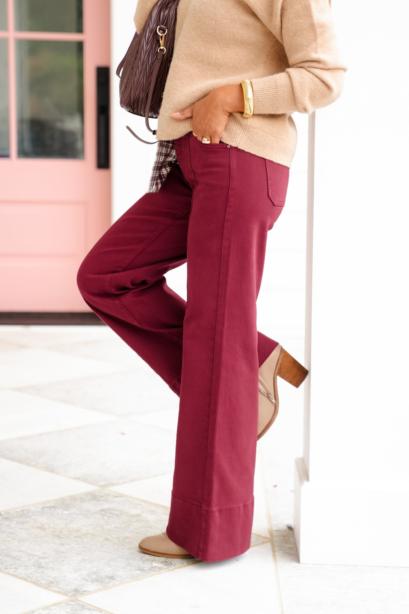 Risen Mid Rise Wine Tummy Control Wide Leg Jeans with Large Wide Hem