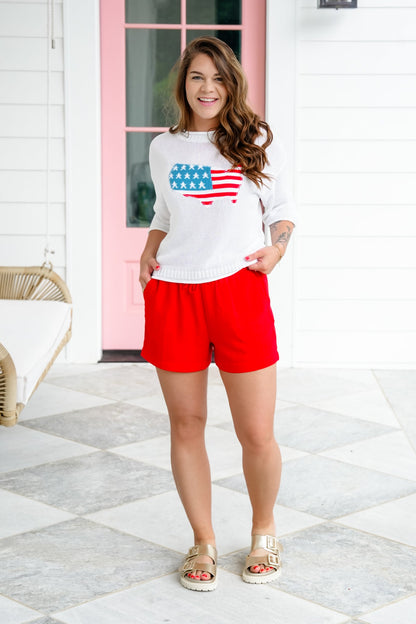 White Knit Short Sleeve American Flag Sweater