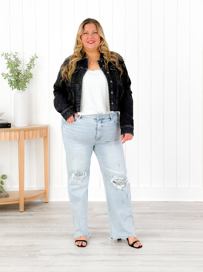 Risen High Rise Acid Wash Sequin Knee Patches Relaxed Straight Leg Jeans