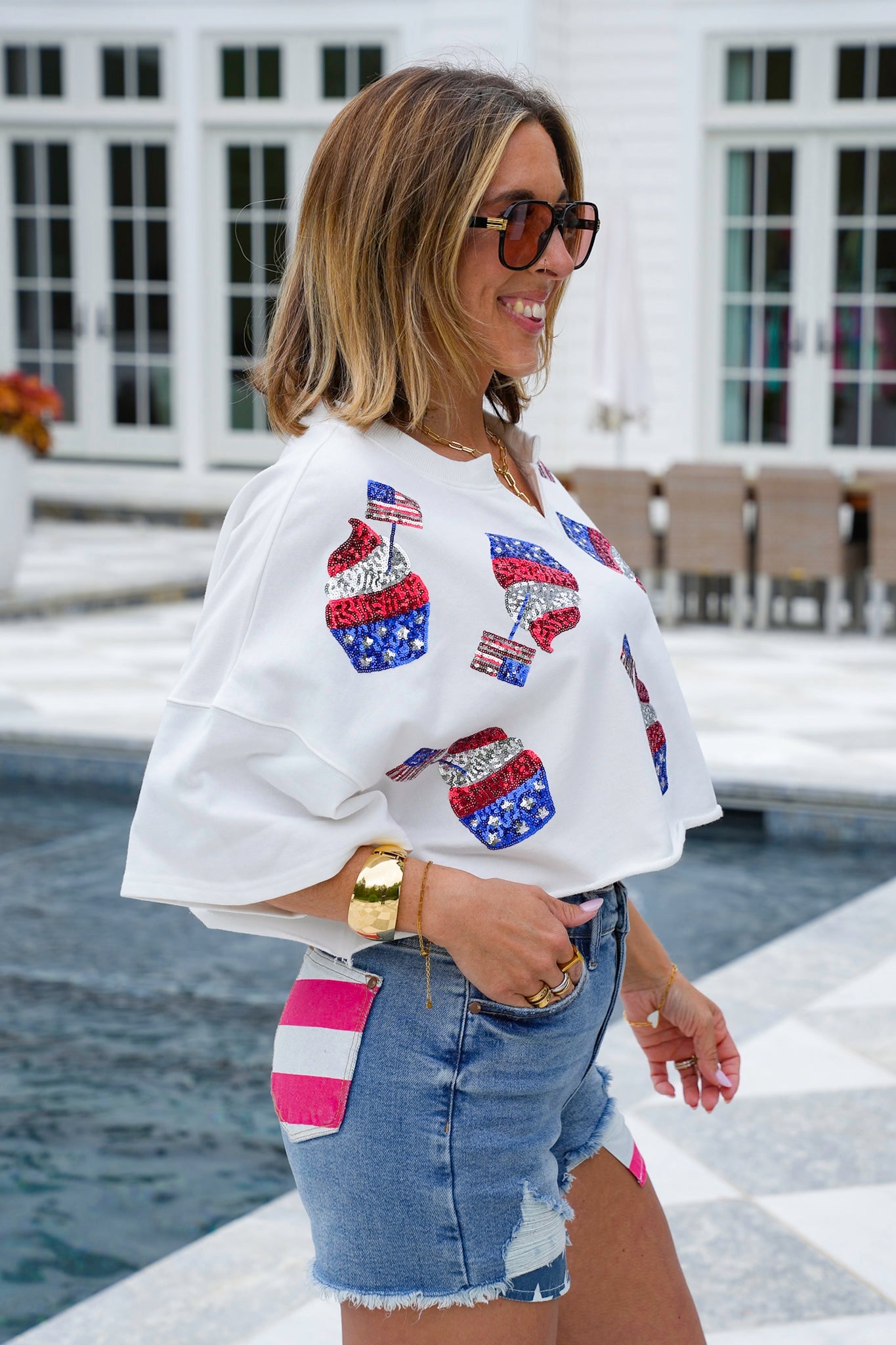 Short Sleeve Cropped Tee Shirt with Sequin American Flag Cupcake Detail