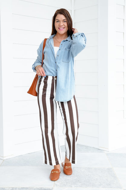 Mica High Rise Brown and Cream Striped Cropped Wide Leg Jeans