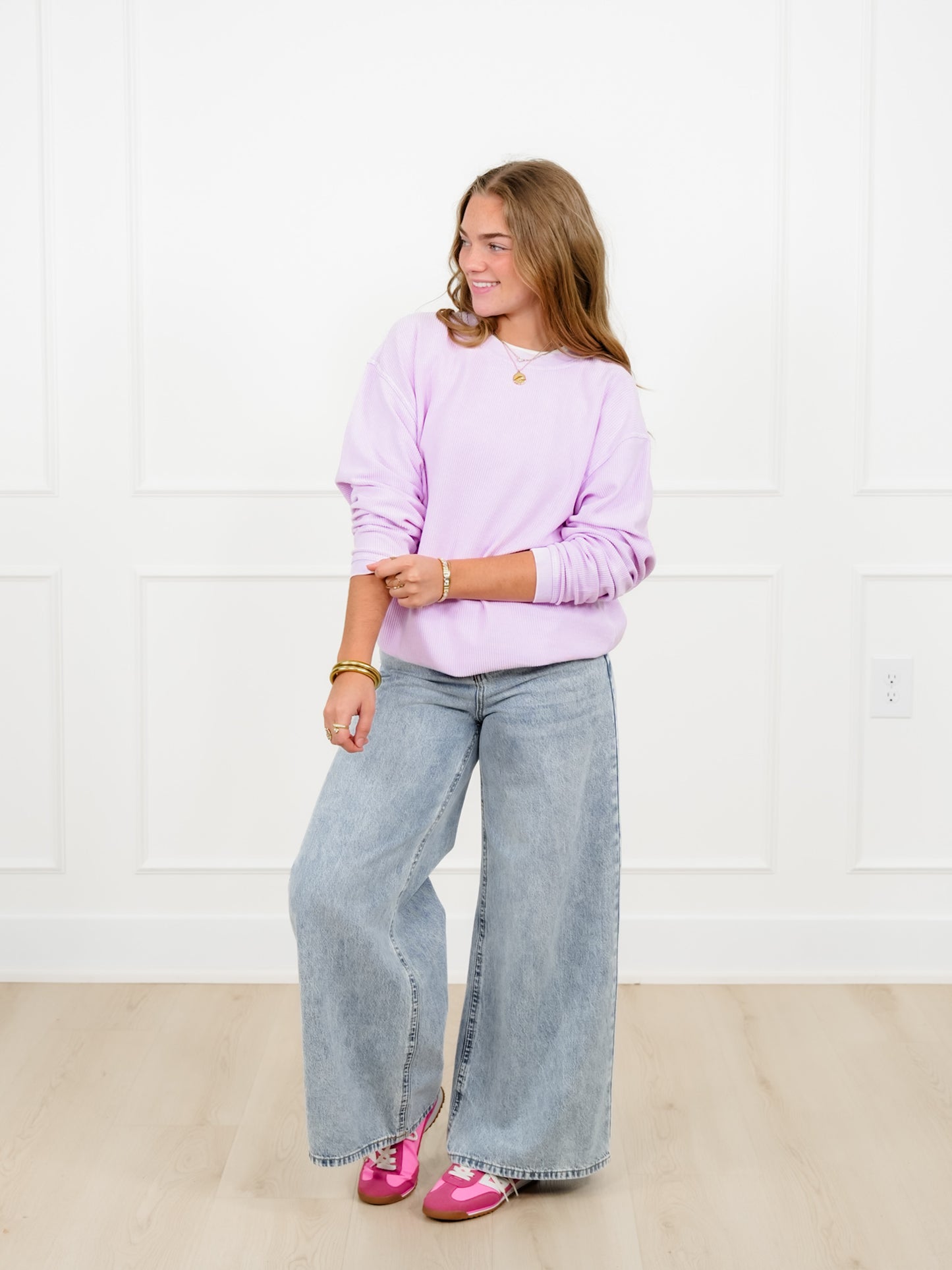 Plus/Reg Solid Color Corded Long Sleeve Pullover Top