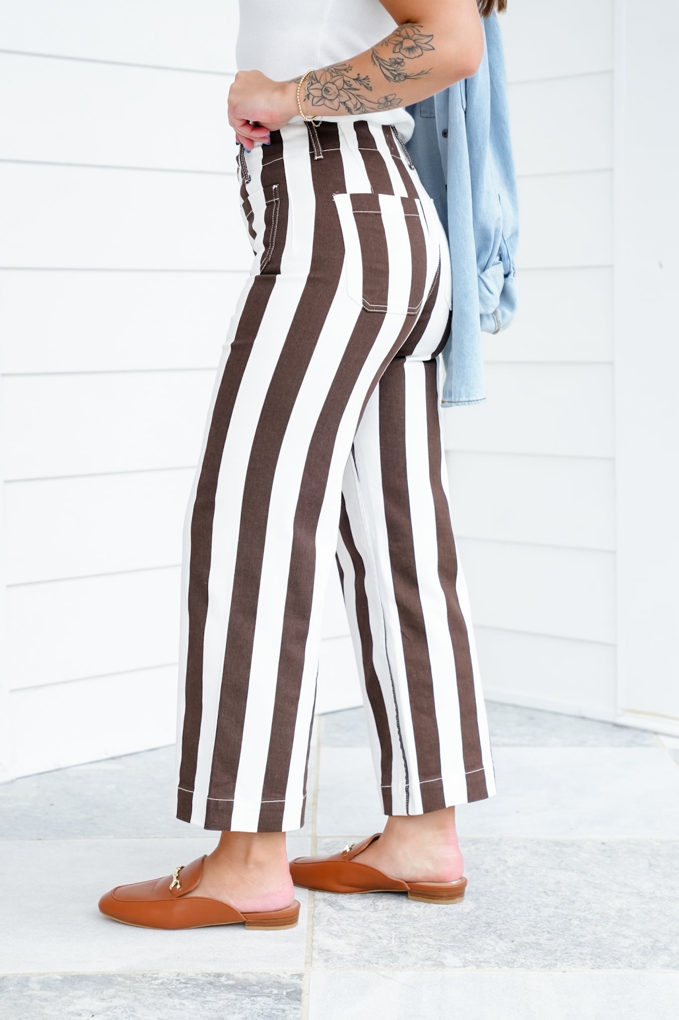 Mica High Rise Brown and Cream Striped Cropped Wide Leg Jeans