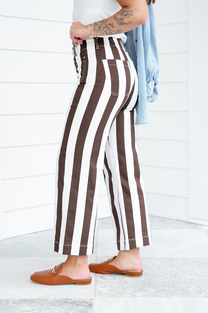 Mica High Rise Brown and Cream Striped Cropped Wide Leg Jeans