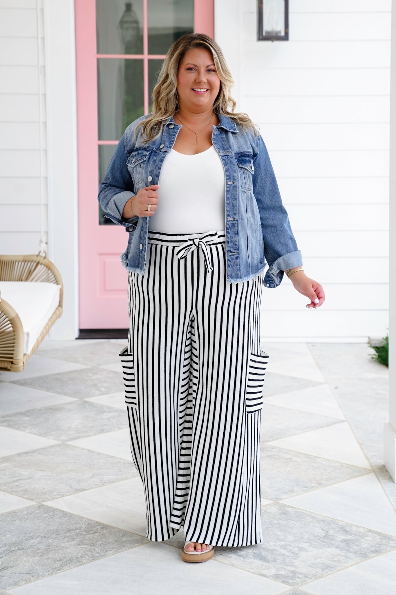 Plus/Reg Stripe Elastic Waist Wide Leg Knit Pants