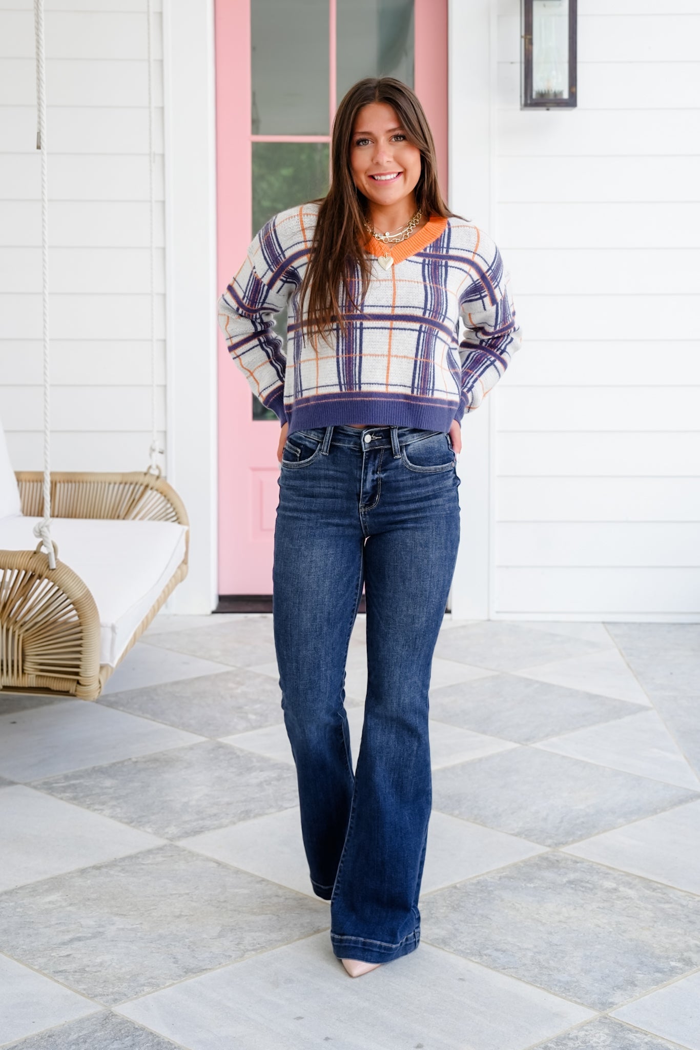 Plaid Long Sleeve V Neck Sweater