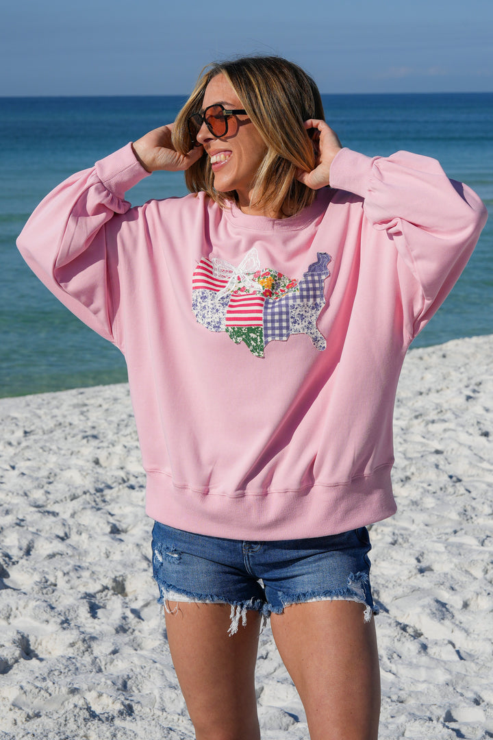 Pink Long Sleeve Pullover Sweatshirt with USA Quilt Detail