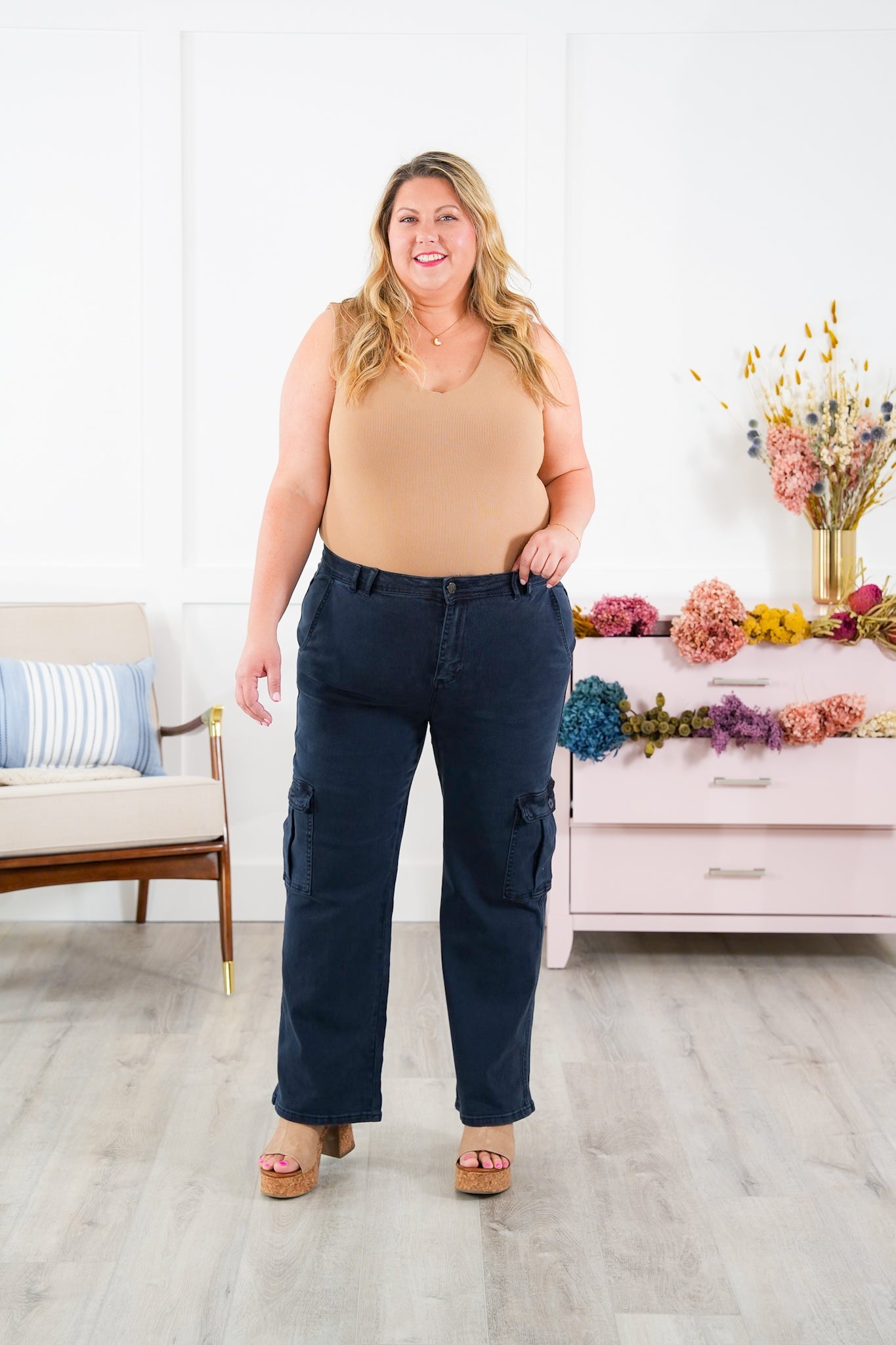 Risen High Rise Navy Cargo Pants