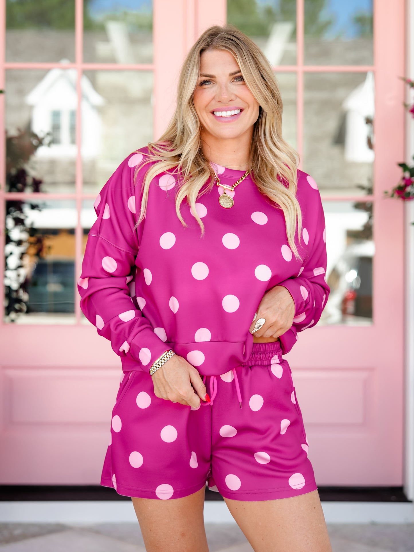 Plus/Reg Pink Polka Dot Long Sleeve Pullover Top and Shorts Set