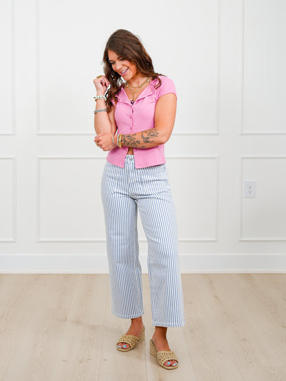 Mica Coastal Charm High Rise Blue and White Striped Cropped Wide Leg Jeans