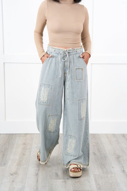 POL Denim Striped Wide Leg Pants With Distressing Detail