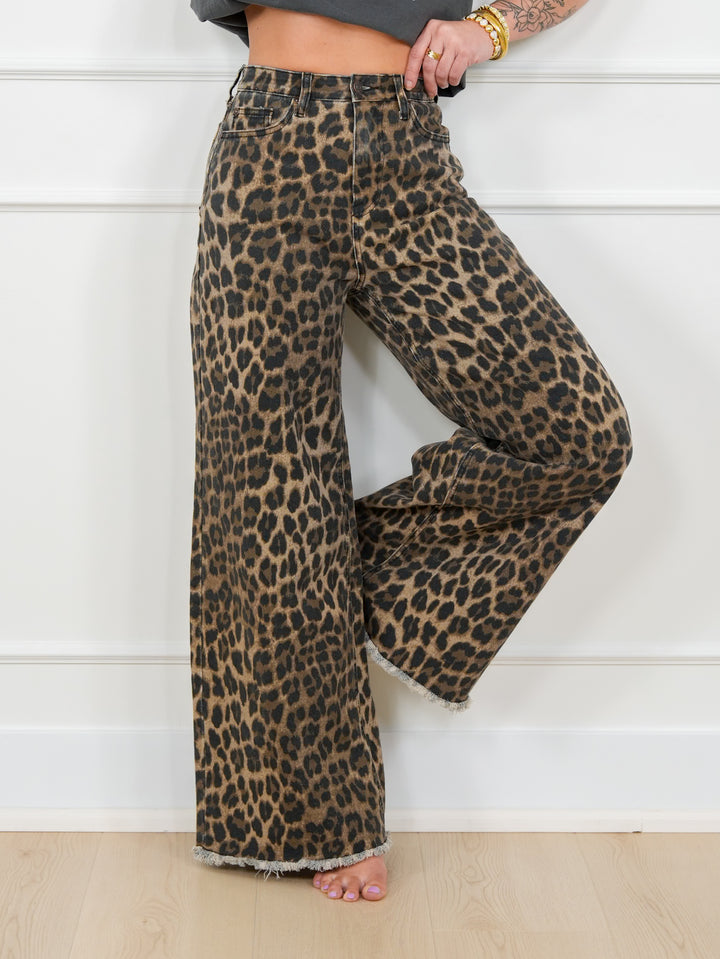 Saige High Rise Leopard Tummy Control Elastic Waist Band Wide Leg Jeans