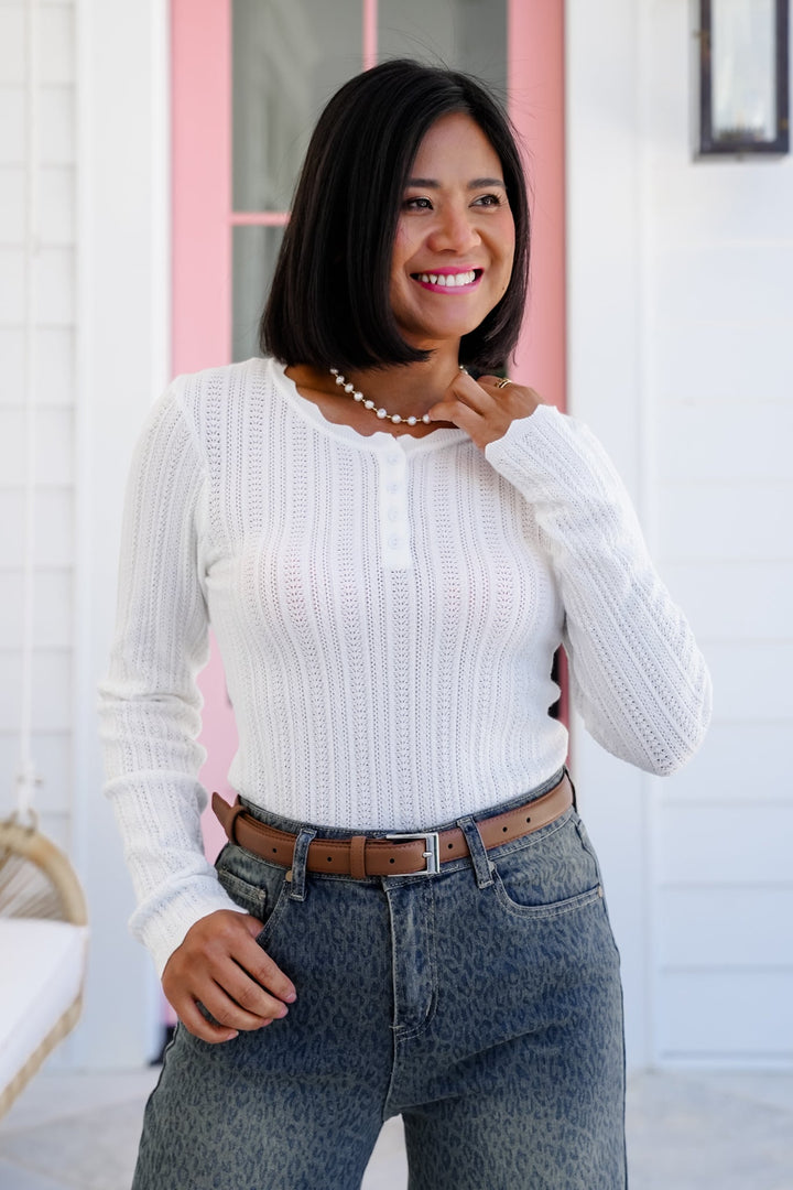 Textured Long Sleeve Button Up Henley Sweater with Scallop Edge Detail
