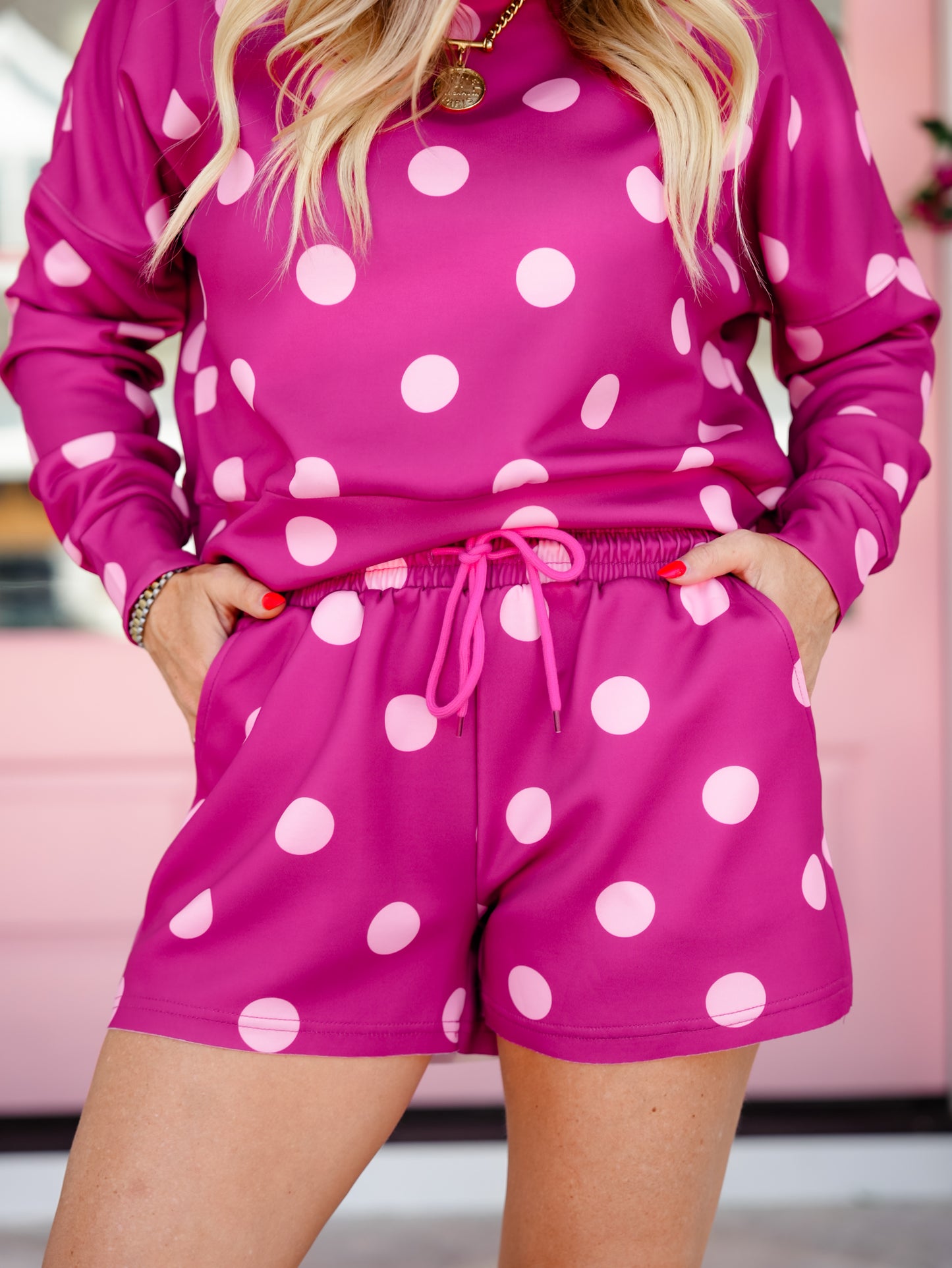 Plus/Reg Pink Polka Dot Long Sleeve Pullover Top and Shorts Set