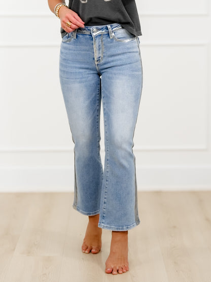 Judy Blue Mid Rise Light Wash Kick Flare Jeans with Foiled Seams