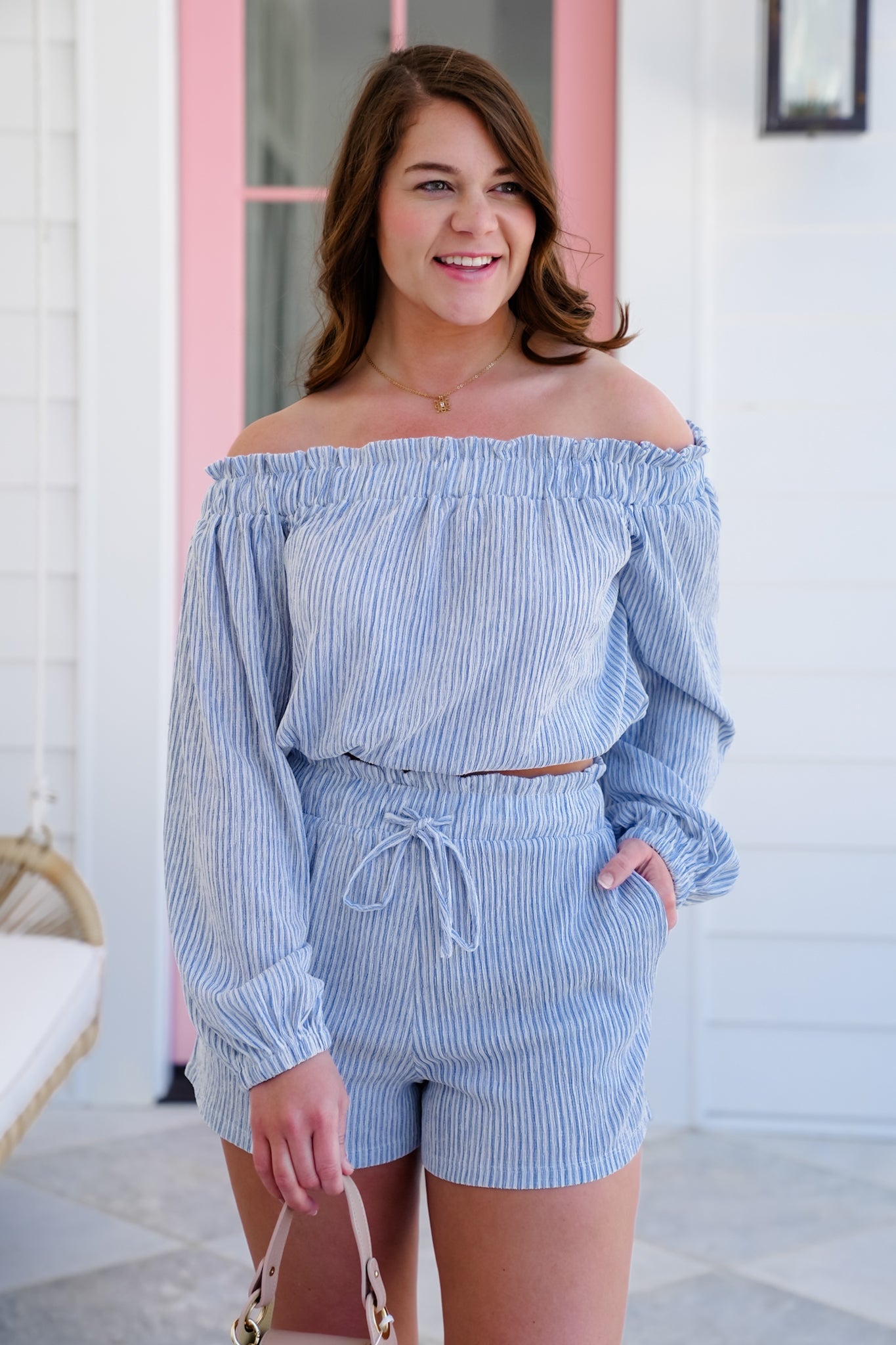 Stripe Off Shoulder Long Sleeve Top and Shorts Set