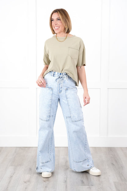 Denim Mineral Wash Elastic Waistband Flare Pants With Pocket Detail