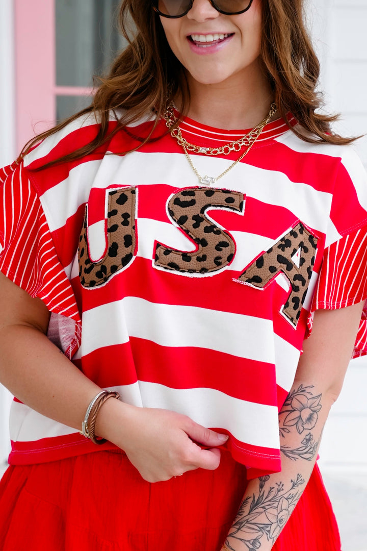 Stripe Ruffle Sleeve Top with Leopard "USA" Detail