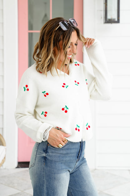 Embroidered Cherry Long Sleeve Cardigan