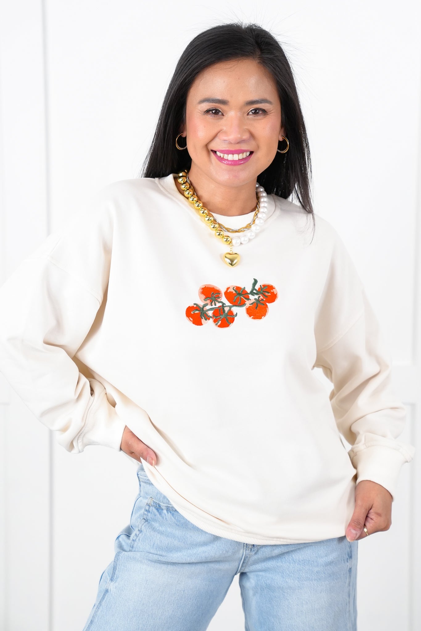 Long Sleeve Sweatshirt with Embroidered Tomatoes Detail