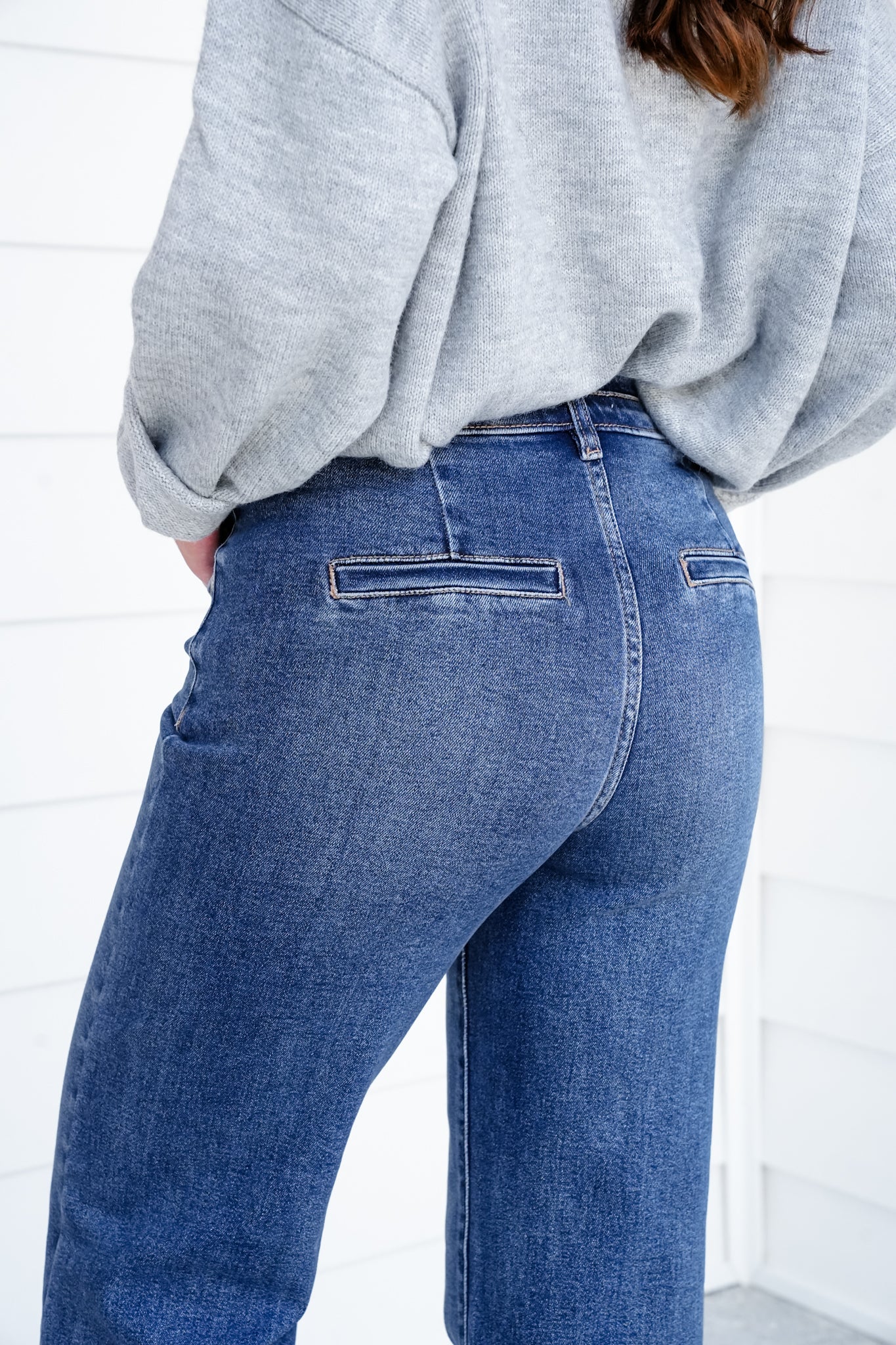 Restock! Risen Material Girl High Rise Medium Wash Tummy Control Double Button Elastic Waistband Jeans