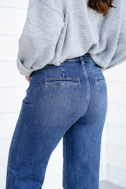Restock! Risen Material Girl High Rise Medium Wash Tummy Control Double Button Elastic Waistband Jeans