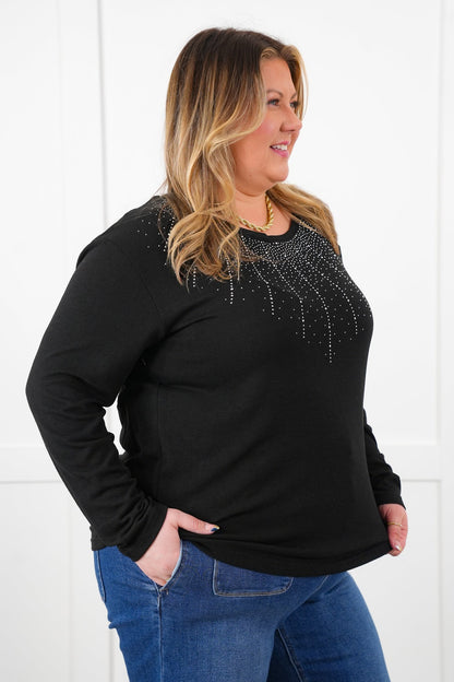 Black Long Sleeve Pullover Top with Rhinestone Detail