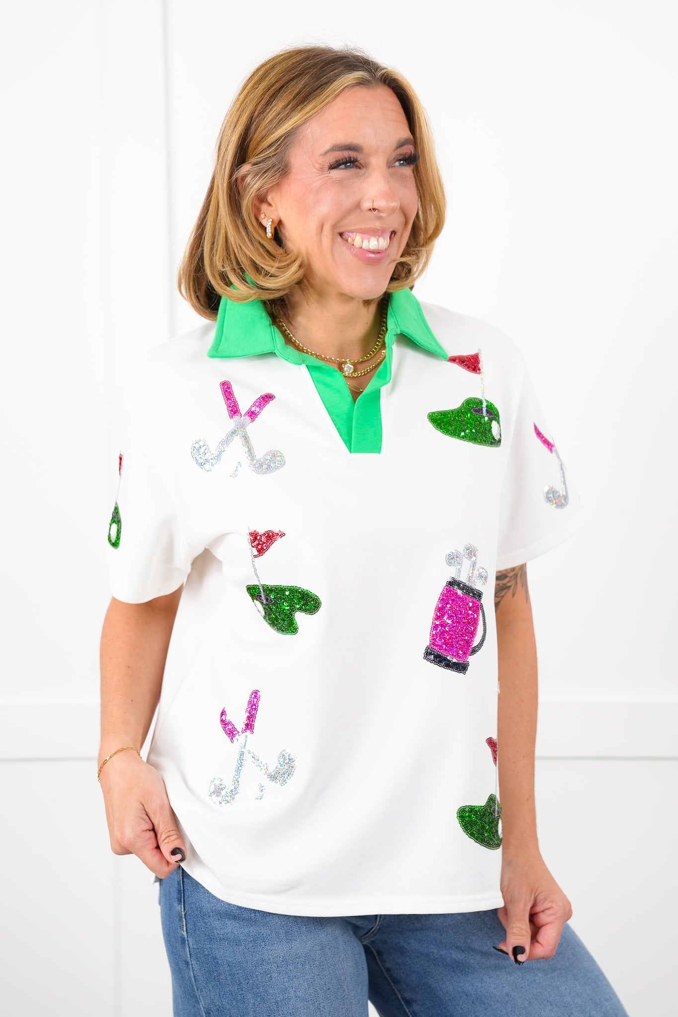 White Short Sleeve V Neck Polo Top with Sequin Golf Detail