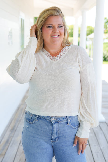 Knit Long Sleeve V Neck Top with Lace Detail (Multiple Colors)