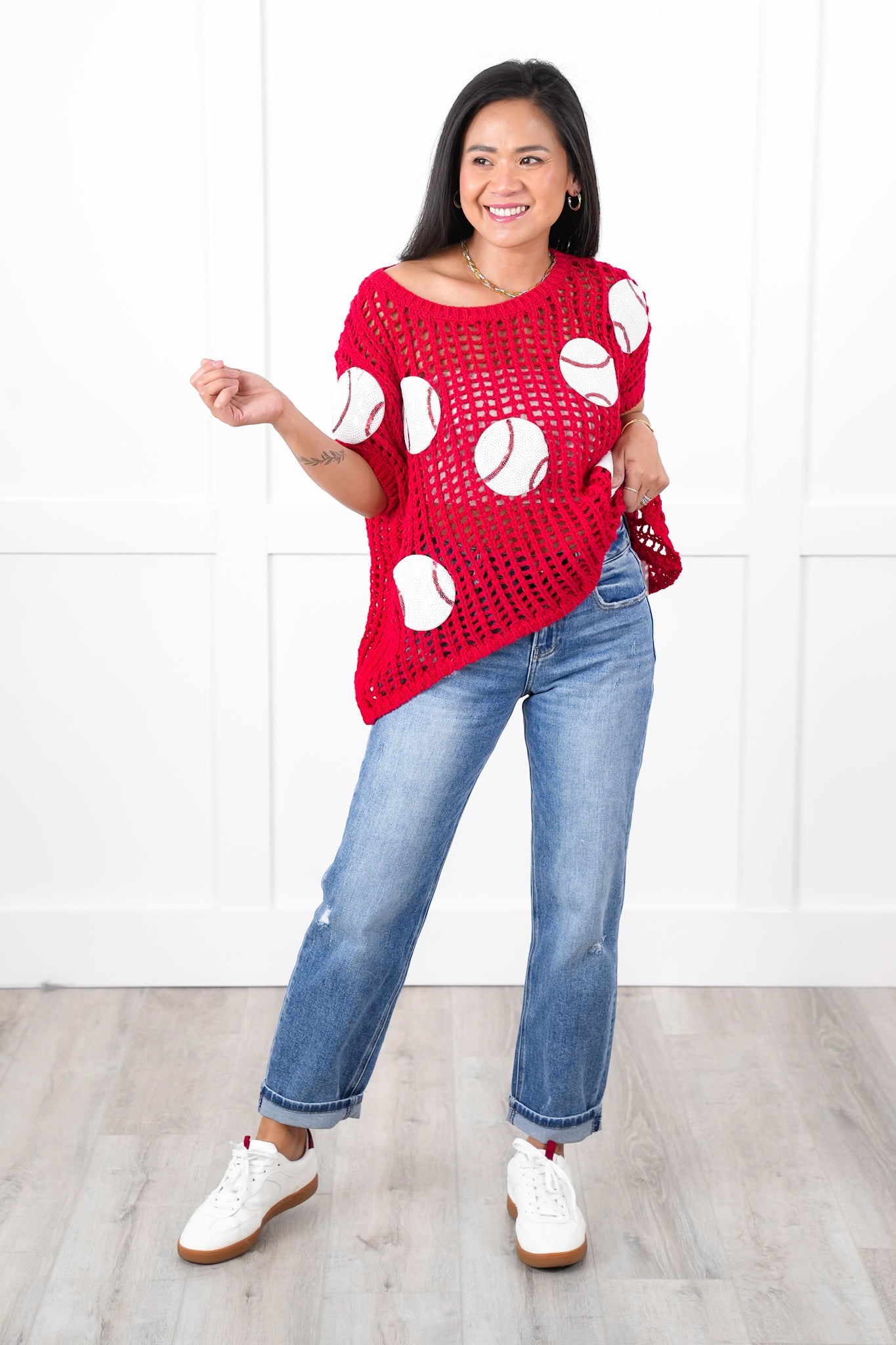 Loose Knit Short Sleeve Sweater with Sequin Baseball Patch Detail