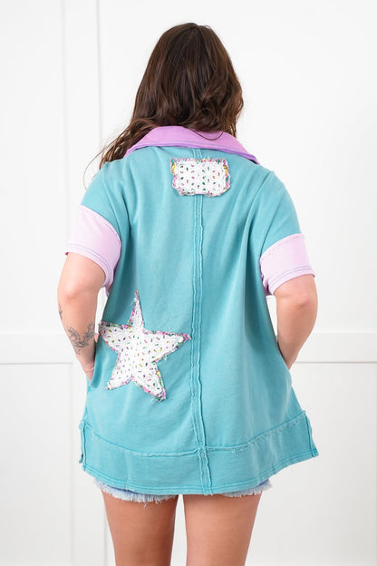 Star Patchwork Short Sleeve Button Up Tunic Top