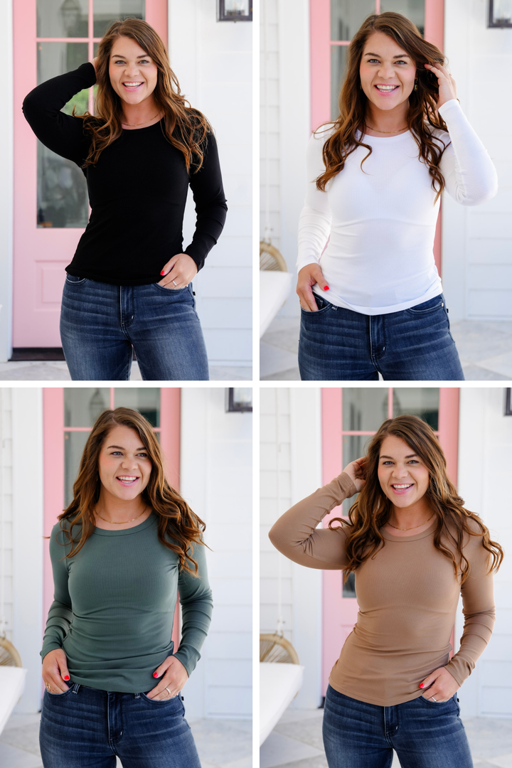 Solid Long Sleeve Round Neck Ribbed Knit Top
