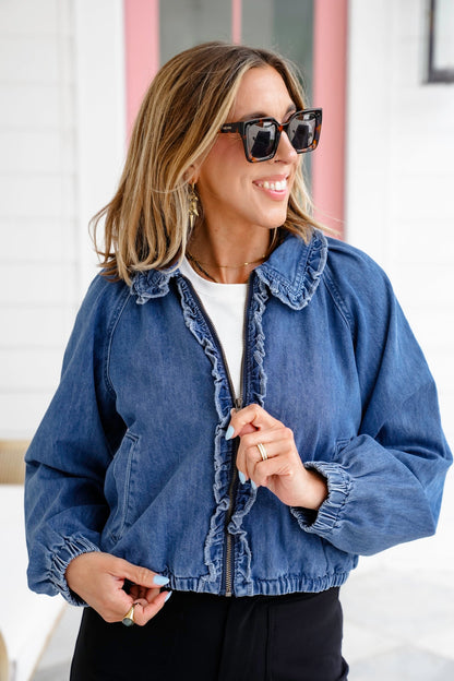 Long Sleeve Zip Up Bomber Jacket With Ruffle Detail