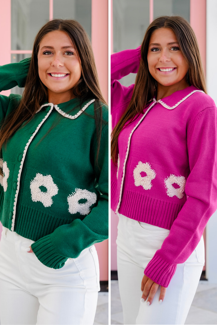 Knit Long Sleeve Button Down Cardigan with Floral Detail