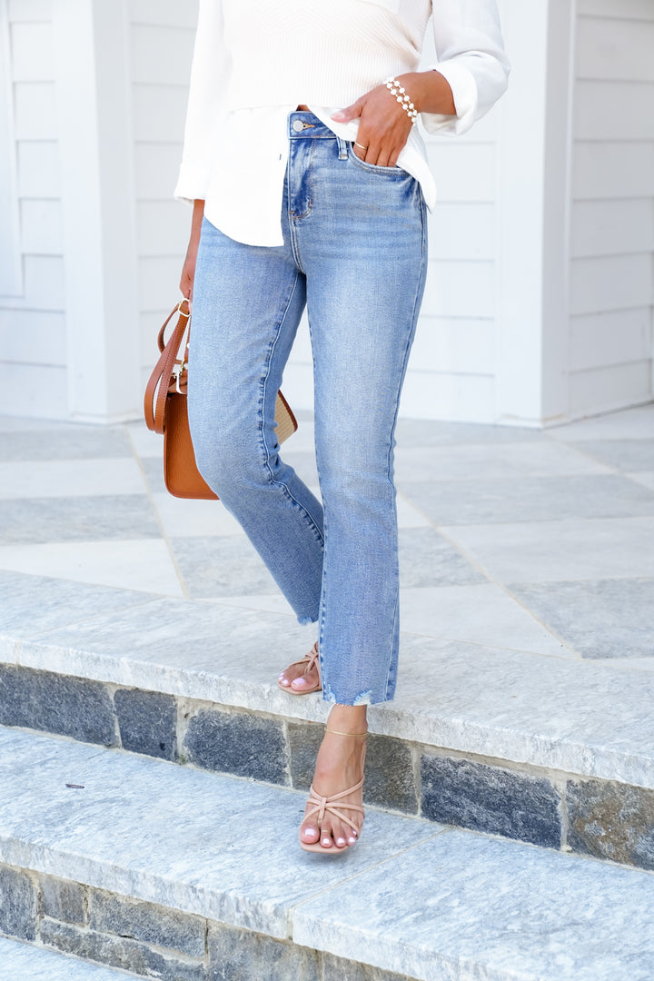 Judy Blue The Montauk Crop Mid-Rise Medium Wash Distressed Hem Kick Flare Jeans