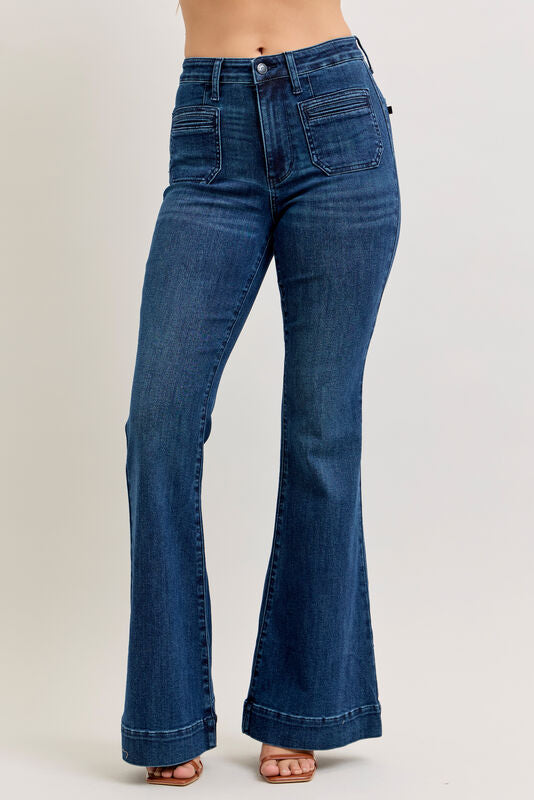Judy Blue High Rise Dark Wash Flare Jeans with Vintage Pockets