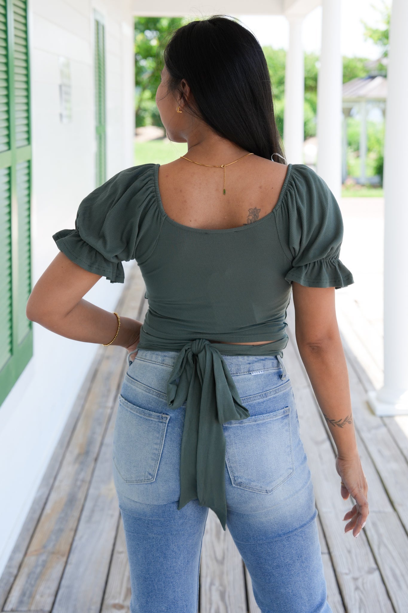 Olive Ribbed Knit Short Sleeve Top With Tie Detail