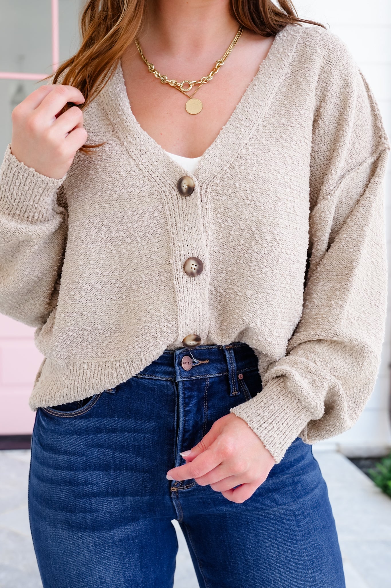 Plus/Reg Popcorn Long Sleeve Button Down Cardigan