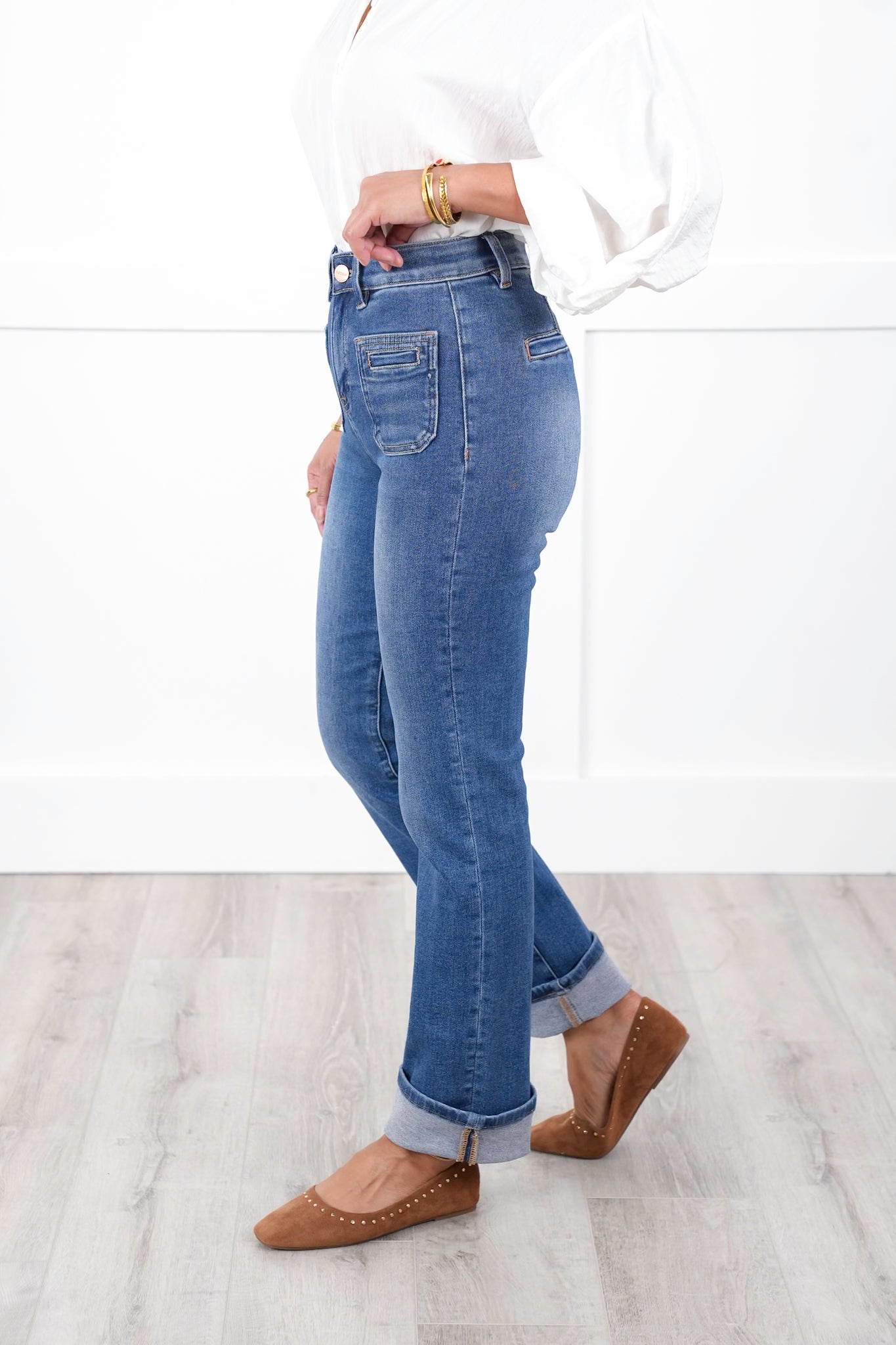 Risen High Rise Medium Wash Elastic Waistband Slim Straight Leg Jeans with Front Patch Pockets
