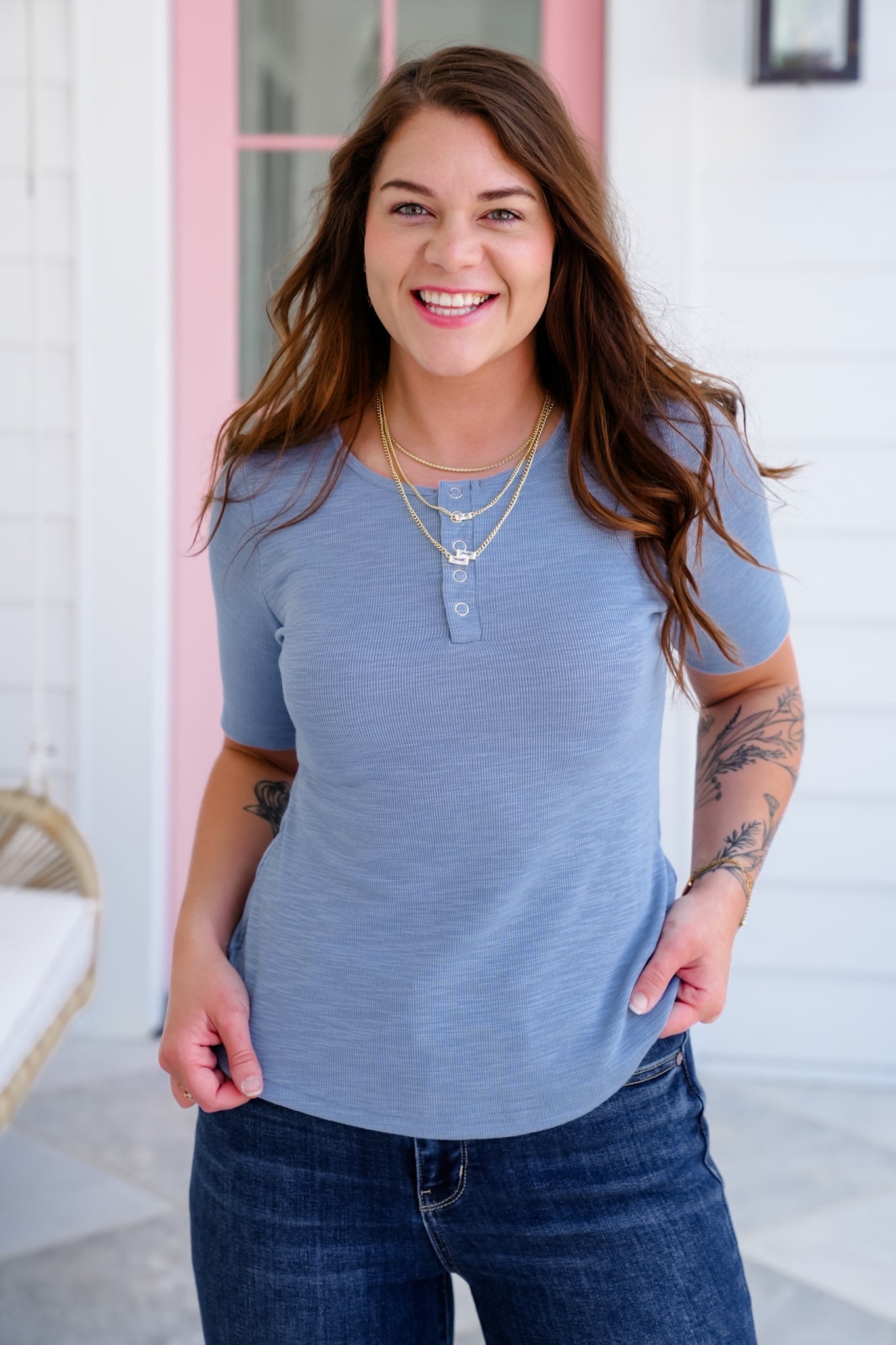 Plus/Reg Blue Short Sleeve Snap Button Up Knit Top