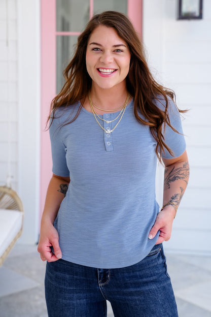 Plus/Reg Blue Short Sleeve Snap Button Up Knit Top