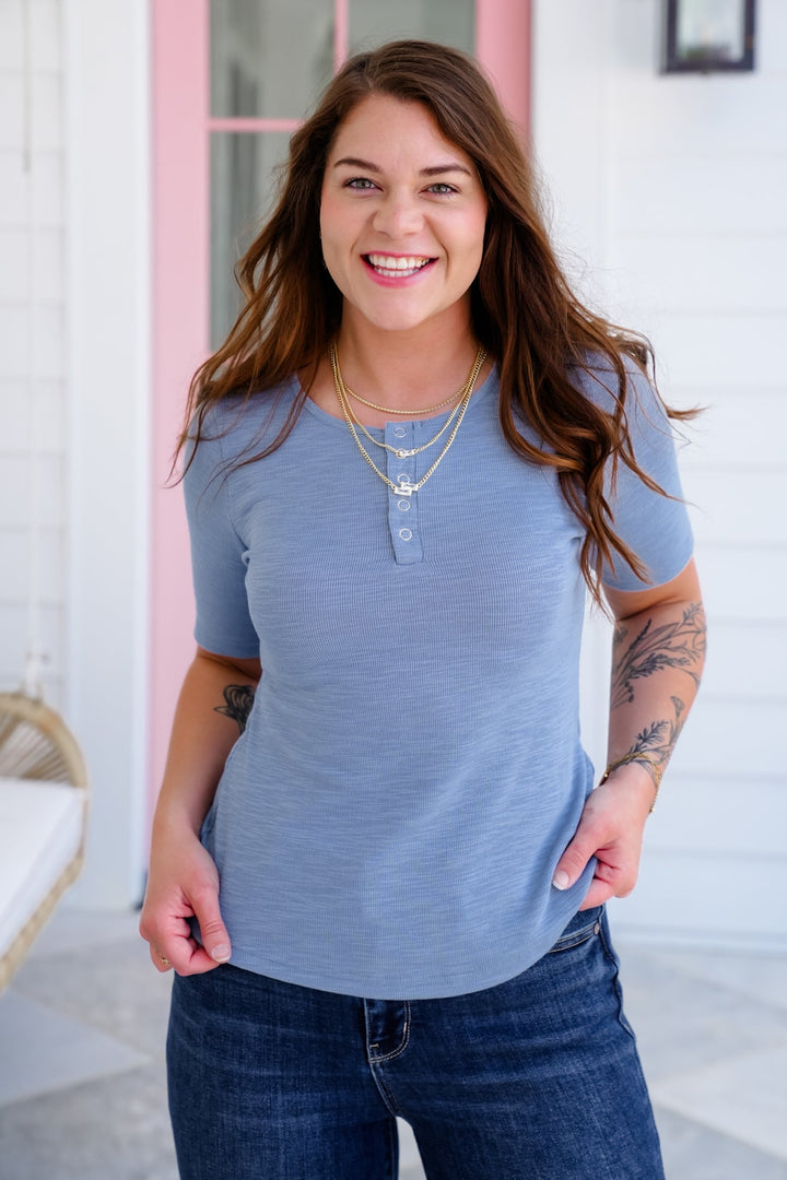 Plus/Reg Blue Short Sleeve Snap Button Up Knit Top