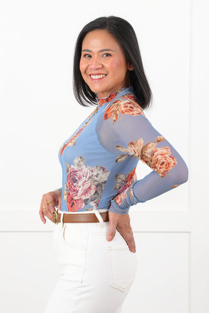 Plus/Reg Blue Floral Long Sleeve Mock Neck Mesh Top