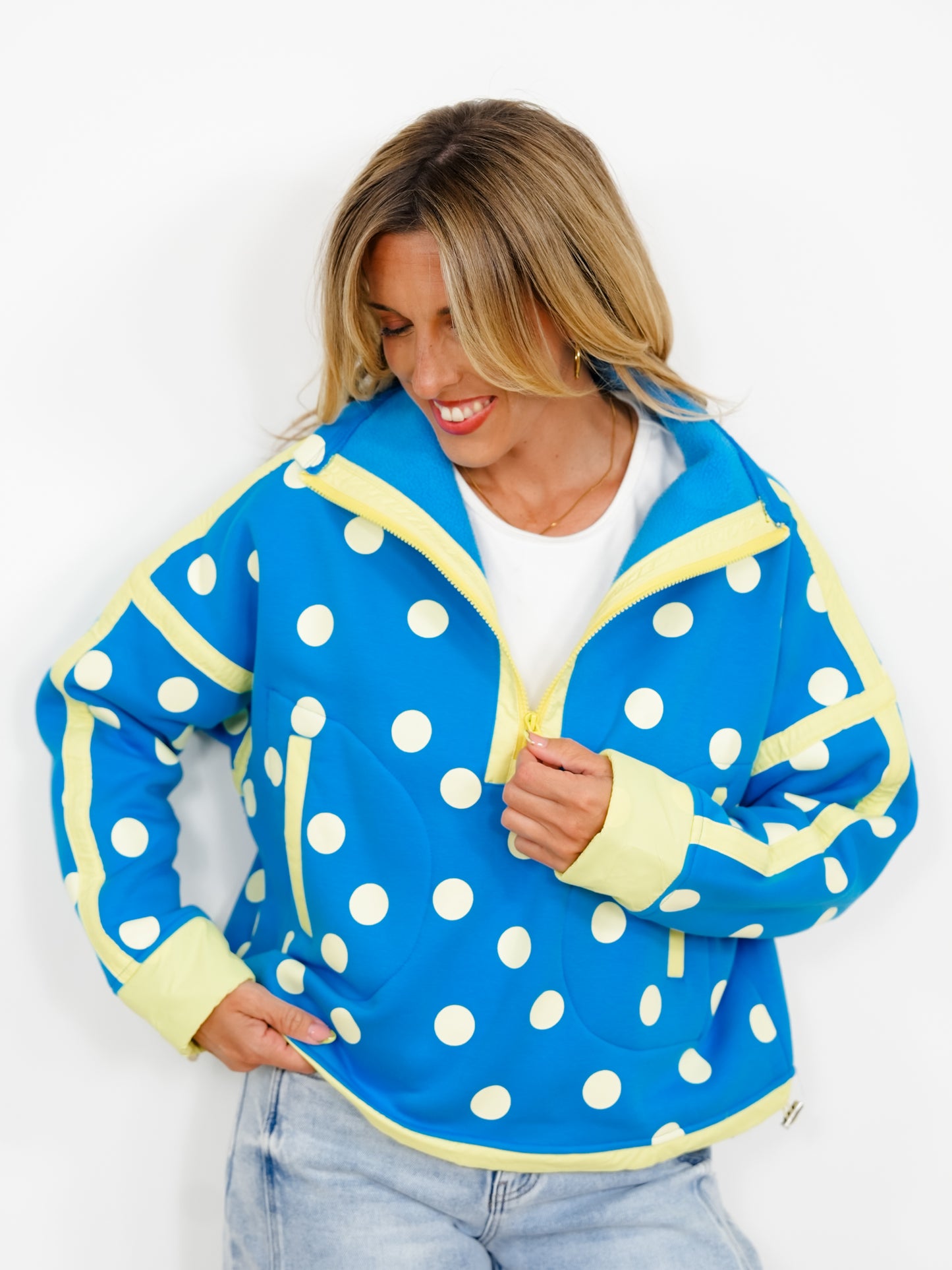 Polka Dot Long Sleeve Half Zip Jacket with Contrast Trim